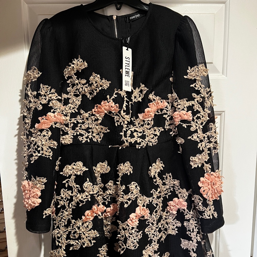 Stylein Black and Pink Embroidered Long Sleeve Dress